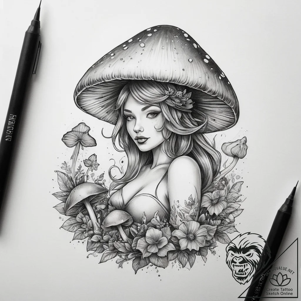 Tattoo sketch fairy on a mushroom, concept ar... - tattoo sketch (№1757421612_0, 09.09.2025 12:40) — tattoovalue.net