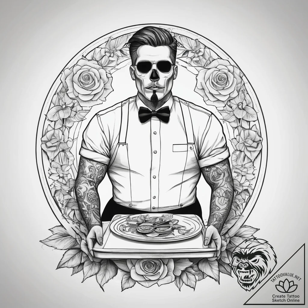 Tattoo sketch waiter serving tray and dish, t... - tattoo sketch (№1757421805_0, 09.09.2025 12:43) — tattoovalue.net