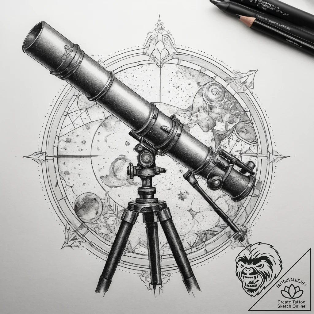 Tattoo sketch old telescope with the moon, ta... - tattoo sketch (№1757422582_0, 09.09.2025 12:56) — tattoovalue.net