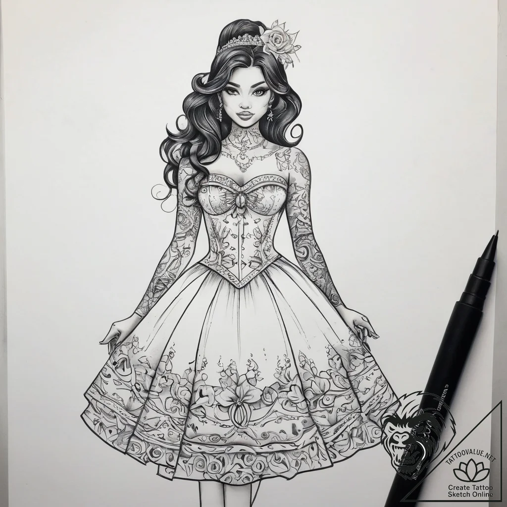 Tattoo sketch quinceanera dress with a quote,... - tattoo sketch (№1757428452_0, 09.09.2025 14:34) — tattoovalue.net