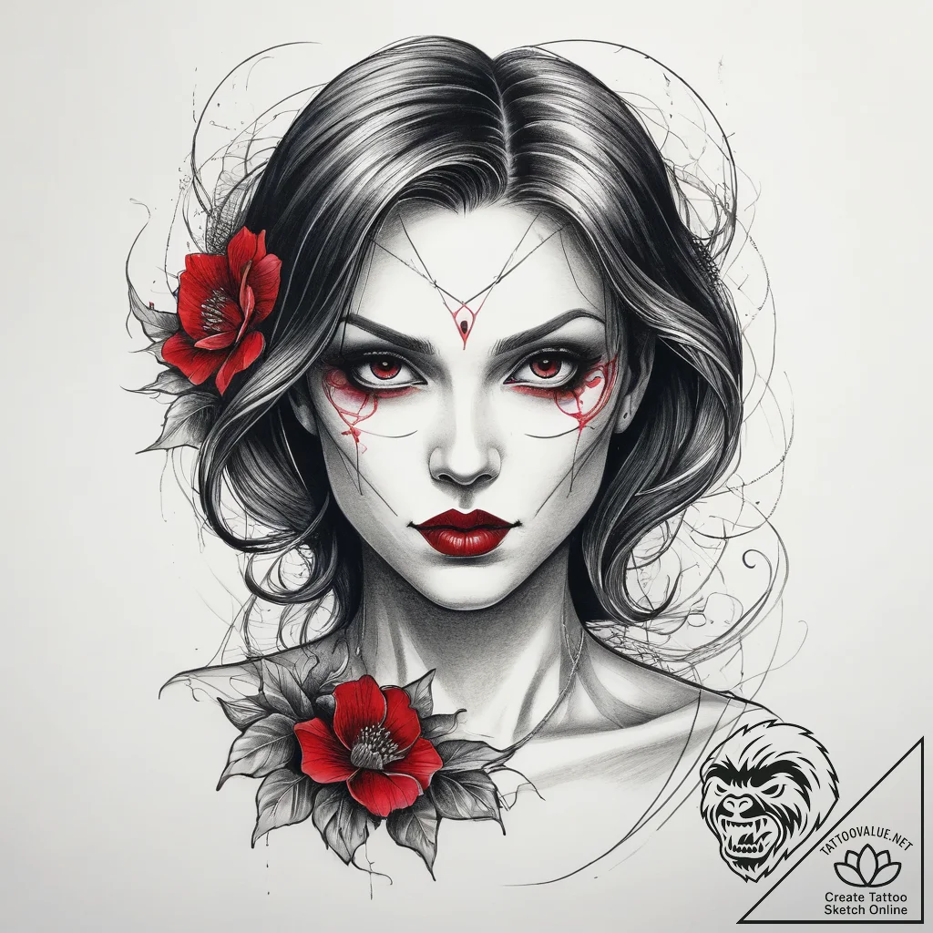 Tattoo sketch vampire with a flower, artistic... - tattoo sketch (№1757432374_0, 09.09.2025 15:39) — tattoovalue.net
