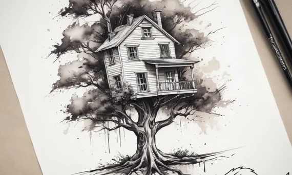 Tattoo sketch a house with a tree, ink illust... - tattoo sketch (№1757436515_0, 09.09.2025 16:48) — tattoovalue.net