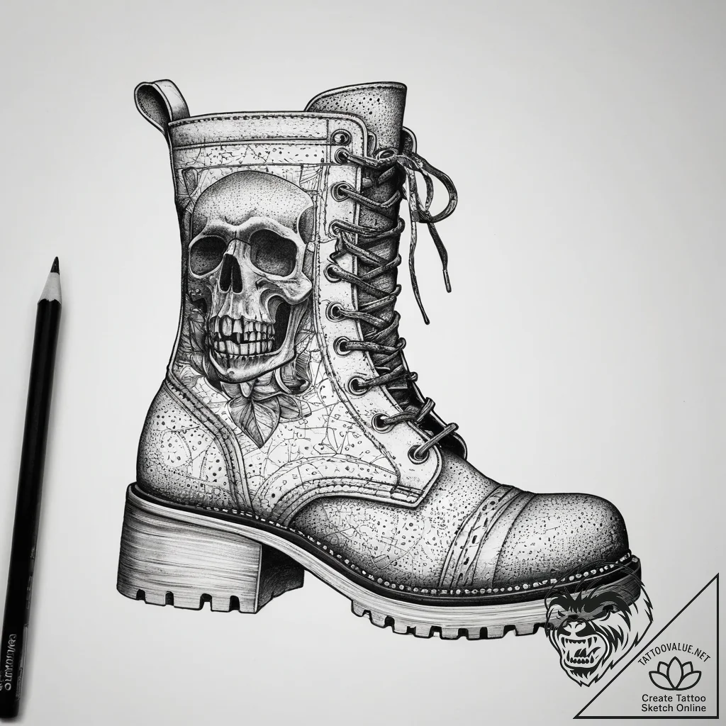 Tattoo sketch combat boot with a skull, conce... - tattoo sketch (№1757436710_0, 09.09.2025 16:51) — tattoovalue.net