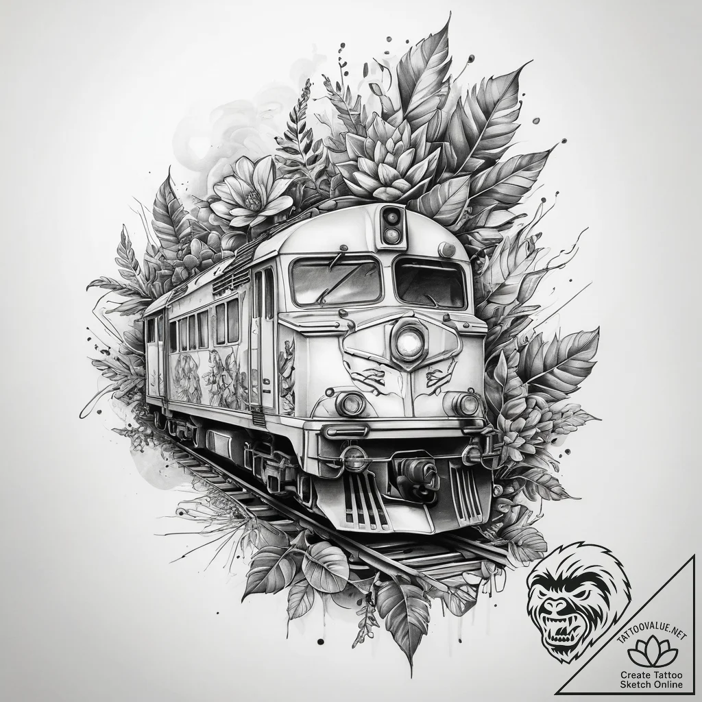 Tattoo sketch train with a plant, tattoo line... - tattoo sketch (№1757443652_0, 09.09.2025 18:47) — tattoovalue.net