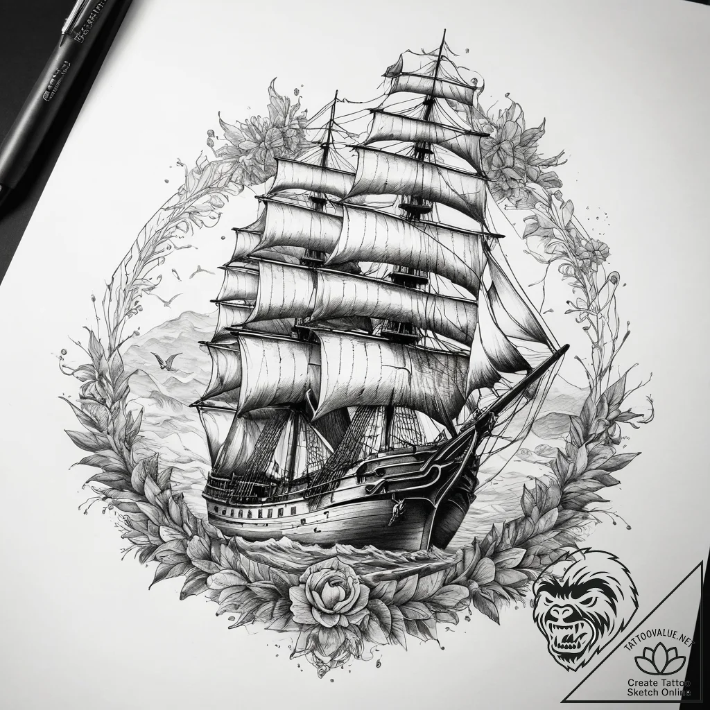 Tattoo sketch ship, tattoo line art, detailed... - tattoo sketch (№1757456317_0, 09.09.2025 22:18) — tattoovalue.net