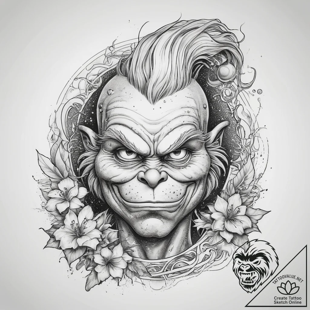 Tattoo sketch the grinch with a feather, tatt... - tattoo sketch (№1757456513_0, 09.09.2025 22:21) — tattoovalue.net