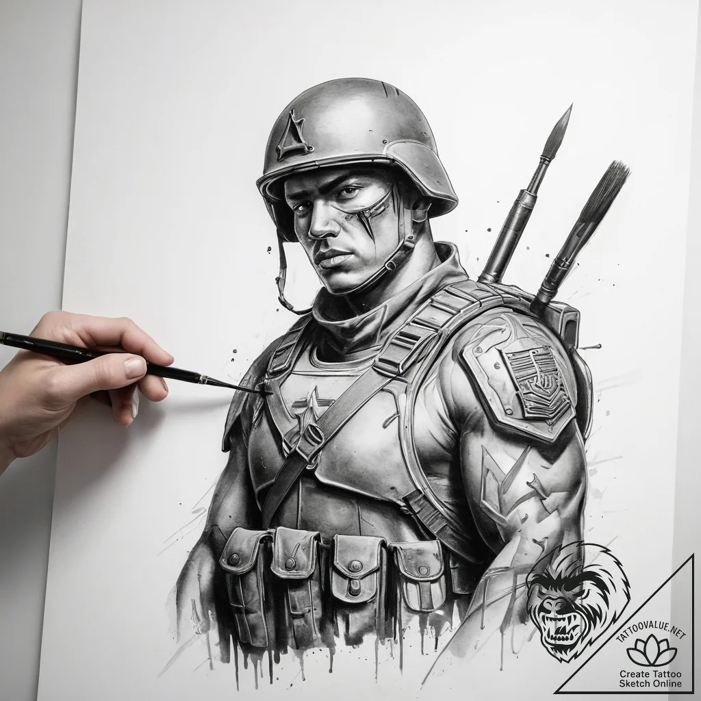 Tattoo sketch soldier with a brush - tattoo sketch (№1757463714_0, 10.09.2025 00:21) — tattoovalue.net