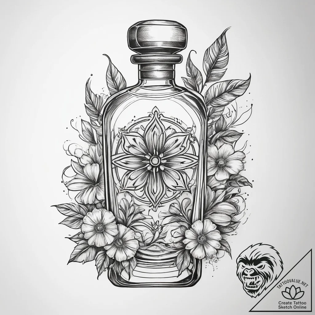 Tattoo sketch perfume bottle with flowers, ar... - tattoo sketch (№1757464300_0, 10.09.2025 00:31) — tattoovalue.net