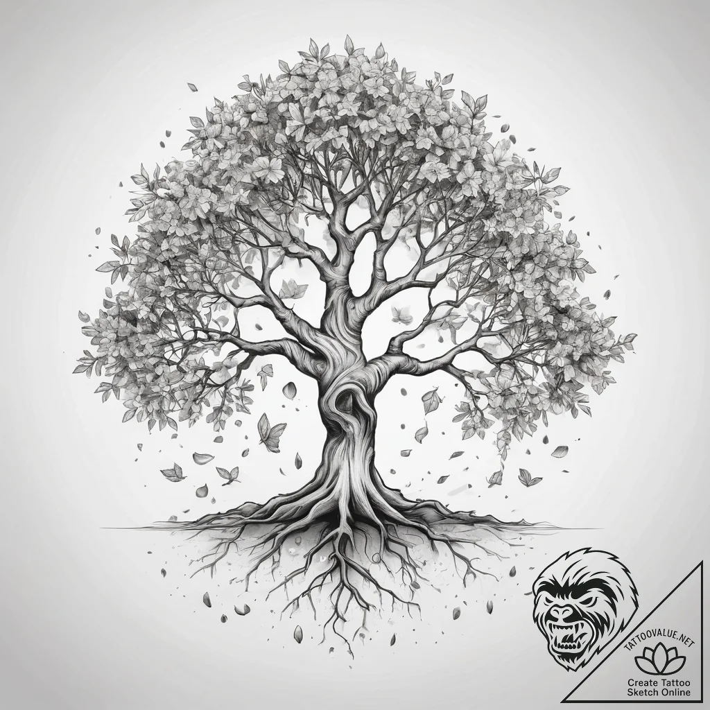 Tattoo sketch bodhi tree with falling leaves,... - tattoo sketch (№1757468248_0, 10.09.2025 01:37) — tattoovalue.net