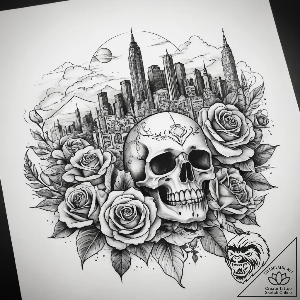 Tattoo sketch a city skyline, tattoo flash sh... - tattoo sketch (№1757471182_0, 10.09.2025 02:26) — tattoovalue.net