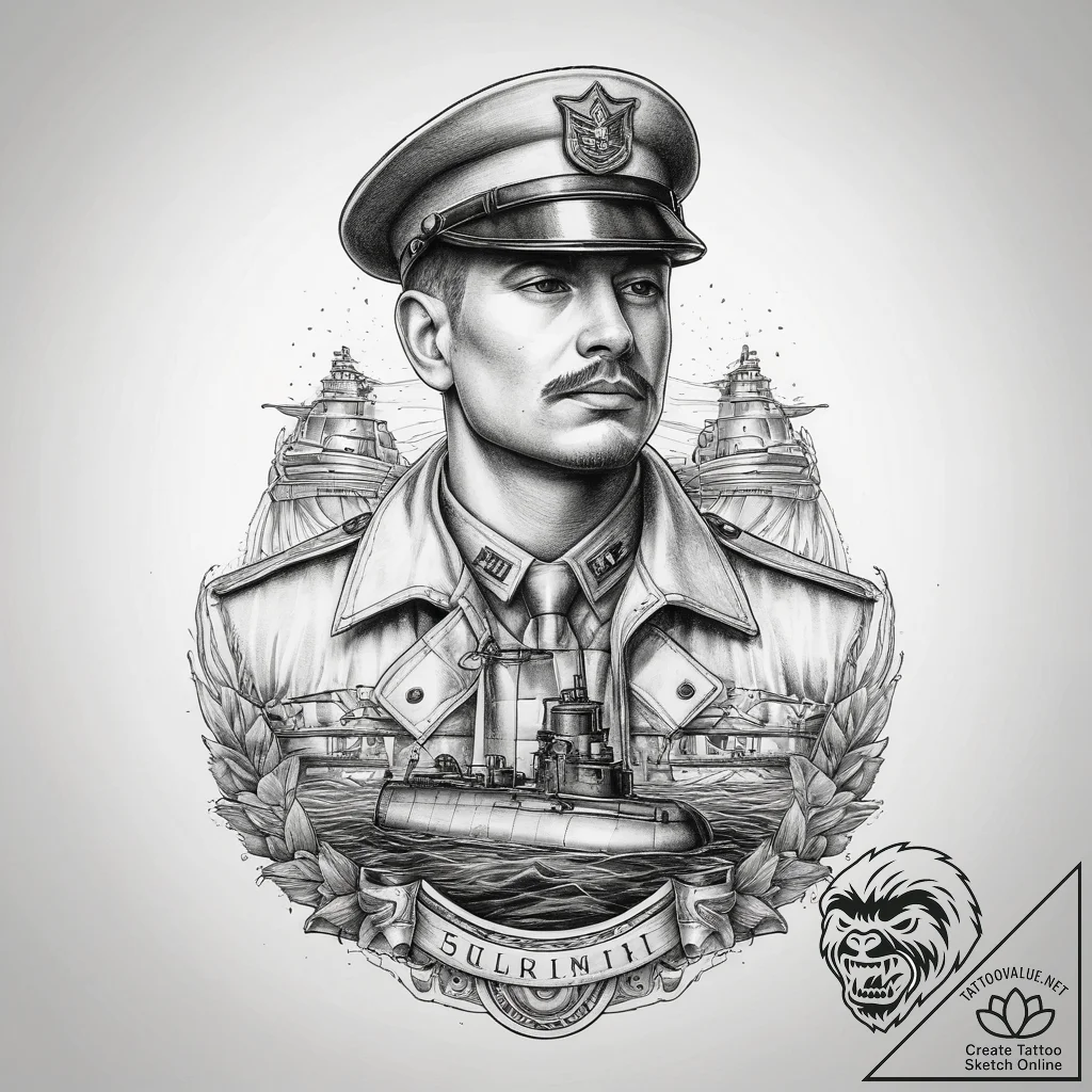 Tattoo sketch soldier with a submarine, artis... - tattoo sketch (№1757471764_0, 10.09.2025 02:36) — tattoovalue.net