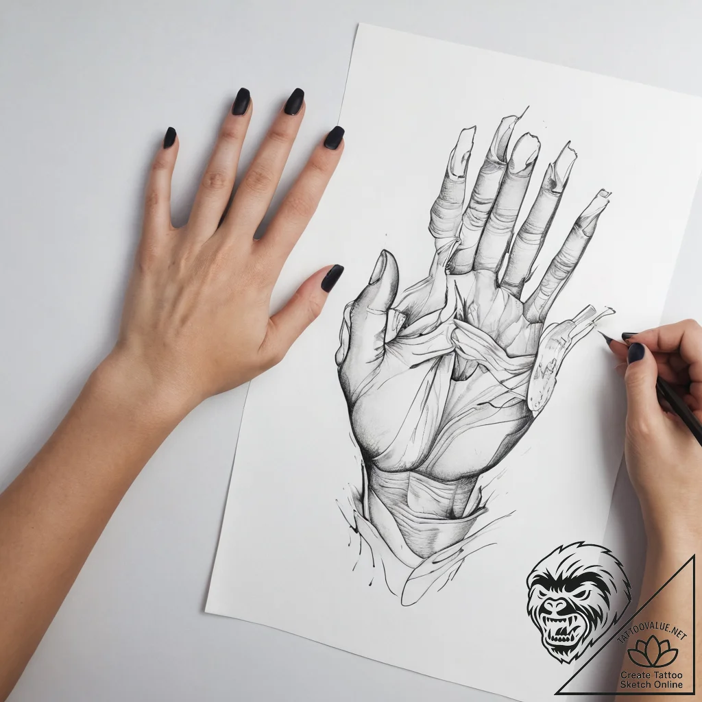 Tattoo sketch hands with a letter - tattoo sketch (№1757471957_0, 10.09.2025 02:39) — tattoovalue.net