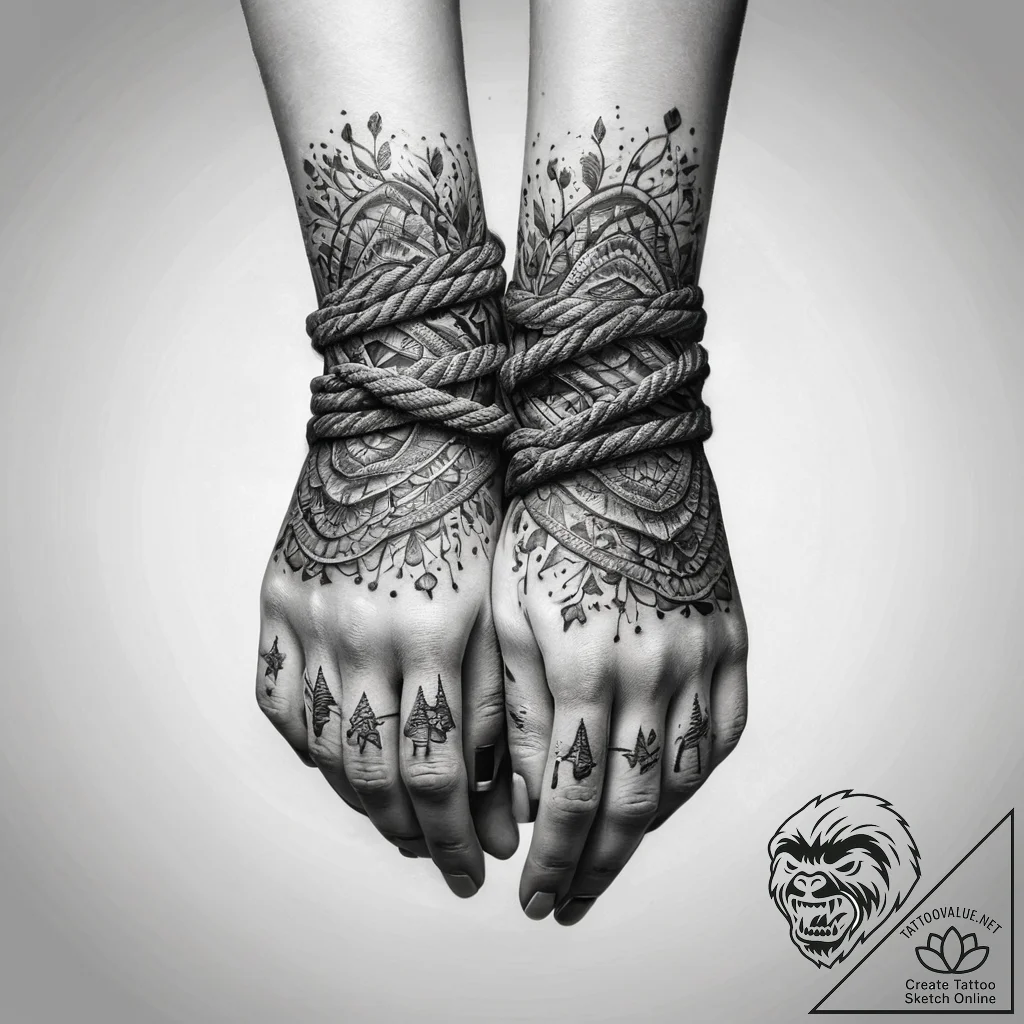 Tattoo sketch hands with a rope, ink illustra... - tattoo sketch (№1757475055_0, 10.09.2025 03:30) — tattoovalue.net
