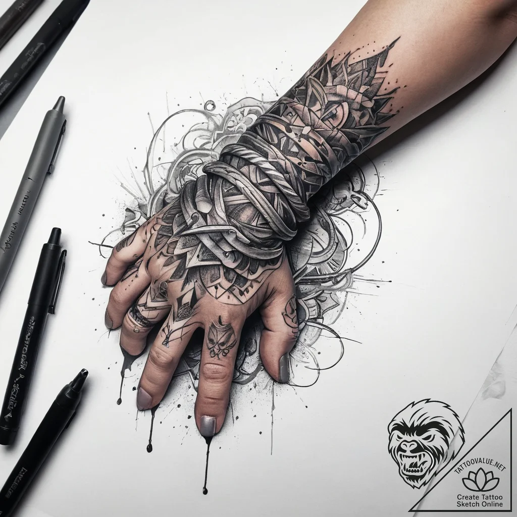 Tattoo sketch hands with a rope, artistic tat... - tattoo sketch (№1757476610_0, 10.09.2025 03:56) — tattoovalue.net