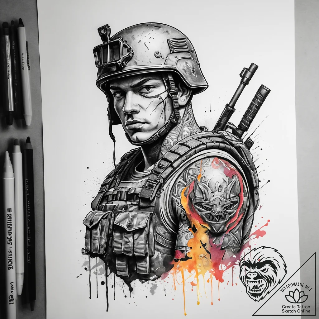 Tattoo sketch soldier with a loner, ink illus... - tattoo sketch (№1757478935_0, 10.09.2025 04:35) — tattoovalue.net