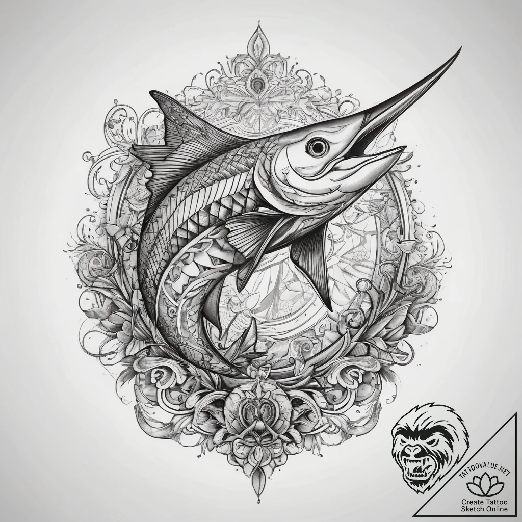 Tattoo sketch marlin, ink illustration for ta... - tattoo sketch (№1757481459_0, 10.09.2025 05:17) — tattoovalue.net