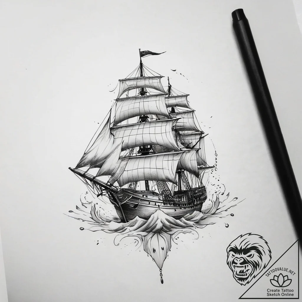 Tattoo sketch ship, tattoo line art, soft whi... - tattoo sketch (№1757489605_0, 10.09.2025 07:33) — tattoovalue.net