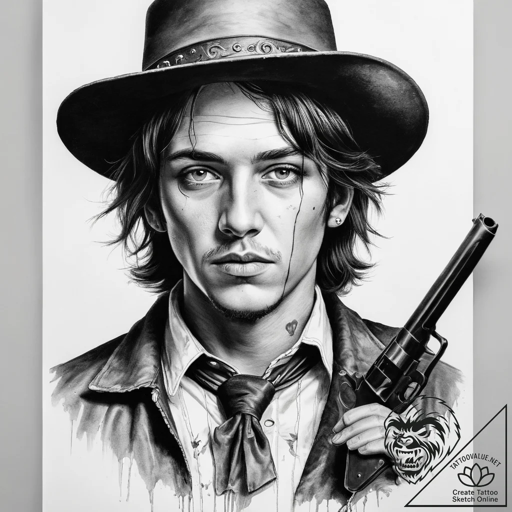 Tattoo sketch billy the kid with a gun - tattoo sketch (№1757490381_0, 10.09.2025 07:46) — tattoovalue.net
