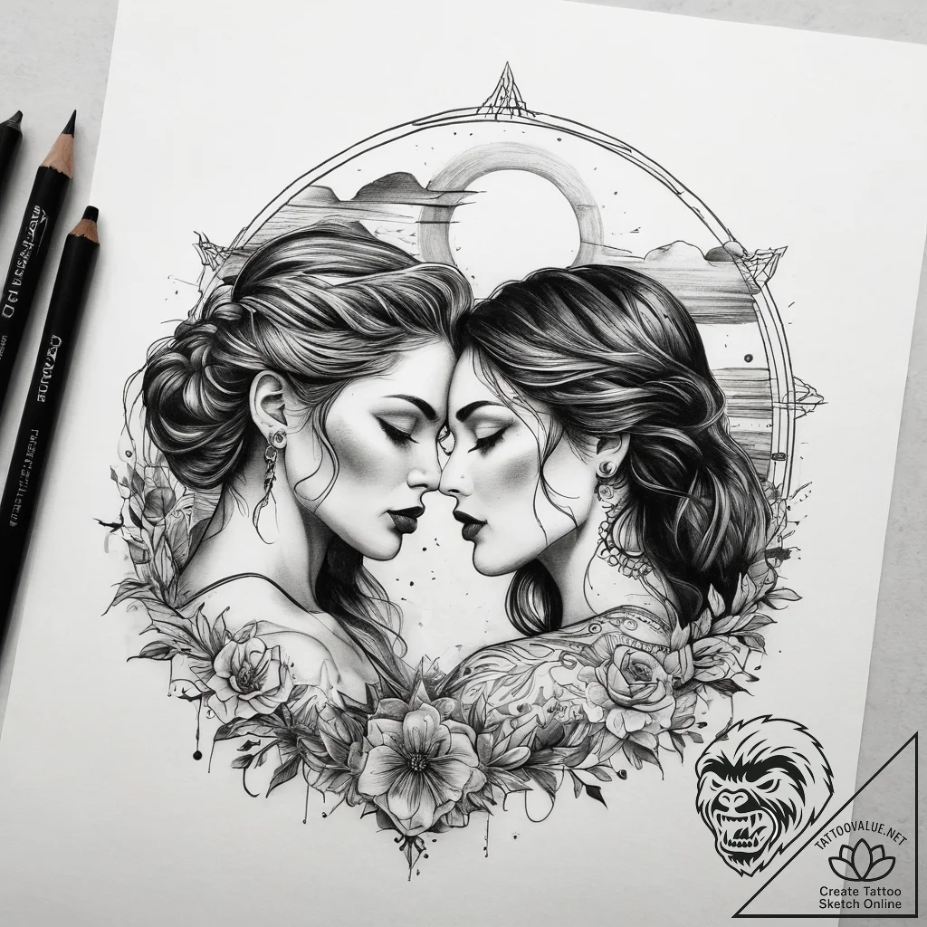Tattoo sketch romantic sunset with a couple,... - tattoo sketch (№1757496594_0, 10.09.2025 09:29) — tattoovalue.net