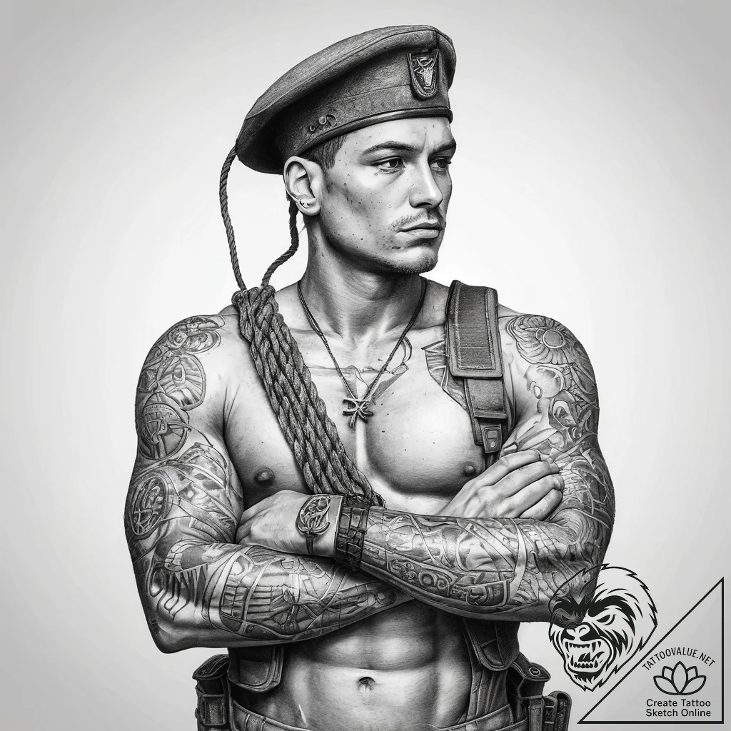 Tattoo sketch soldier with a rope, concept ar... - tattoo sketch (№1757498341_0, 10.09.2025 09:59) — tattoovalue.net