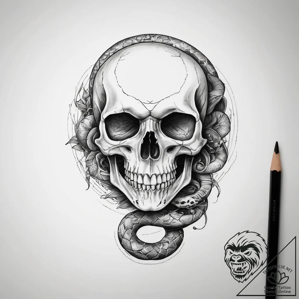 Tattoo sketch skull and snake, concept art fo... - tattoo sketch (№1757499310_0, 10.09.2025 10:15) — tattoovalue.net