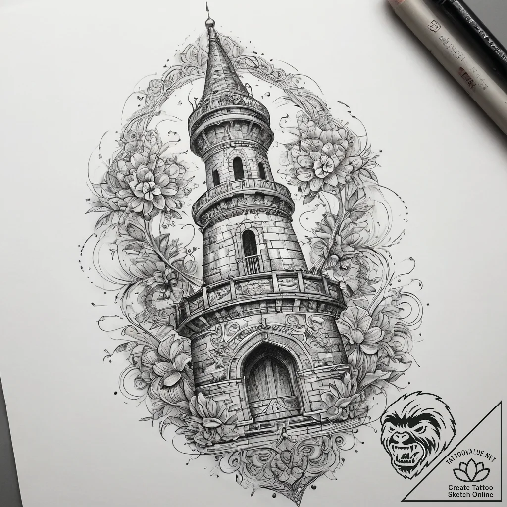 Tattoo sketch tower, tattoo line art, ornamen... - tattoo sketch (№1757502220_0, 10.09.2025 11:03) — tattoovalue.net