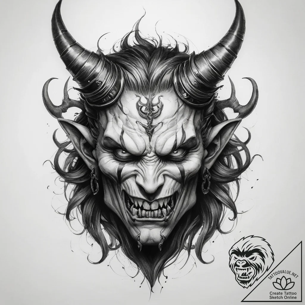 Tattoo sketch demon with horns - tattoo sketch (№1757502414_0, 10.09.2025 11:06) — tattoovalue.net