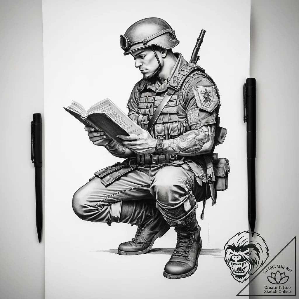 Tattoo sketch soldier with a book - tattoo sketch (№1757505907_0, 10.09.2025 12:05) — tattoovalue.net