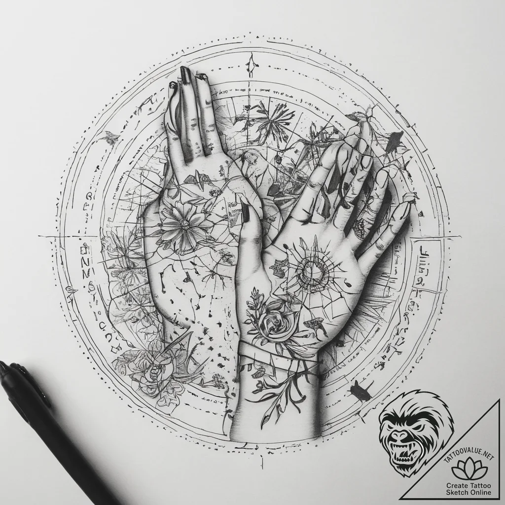 Tattoo sketch hands with a map, tattoo flash... - tattoo sketch (№1757509637_0, 10.09.2025 13:07) — tattoovalue.net