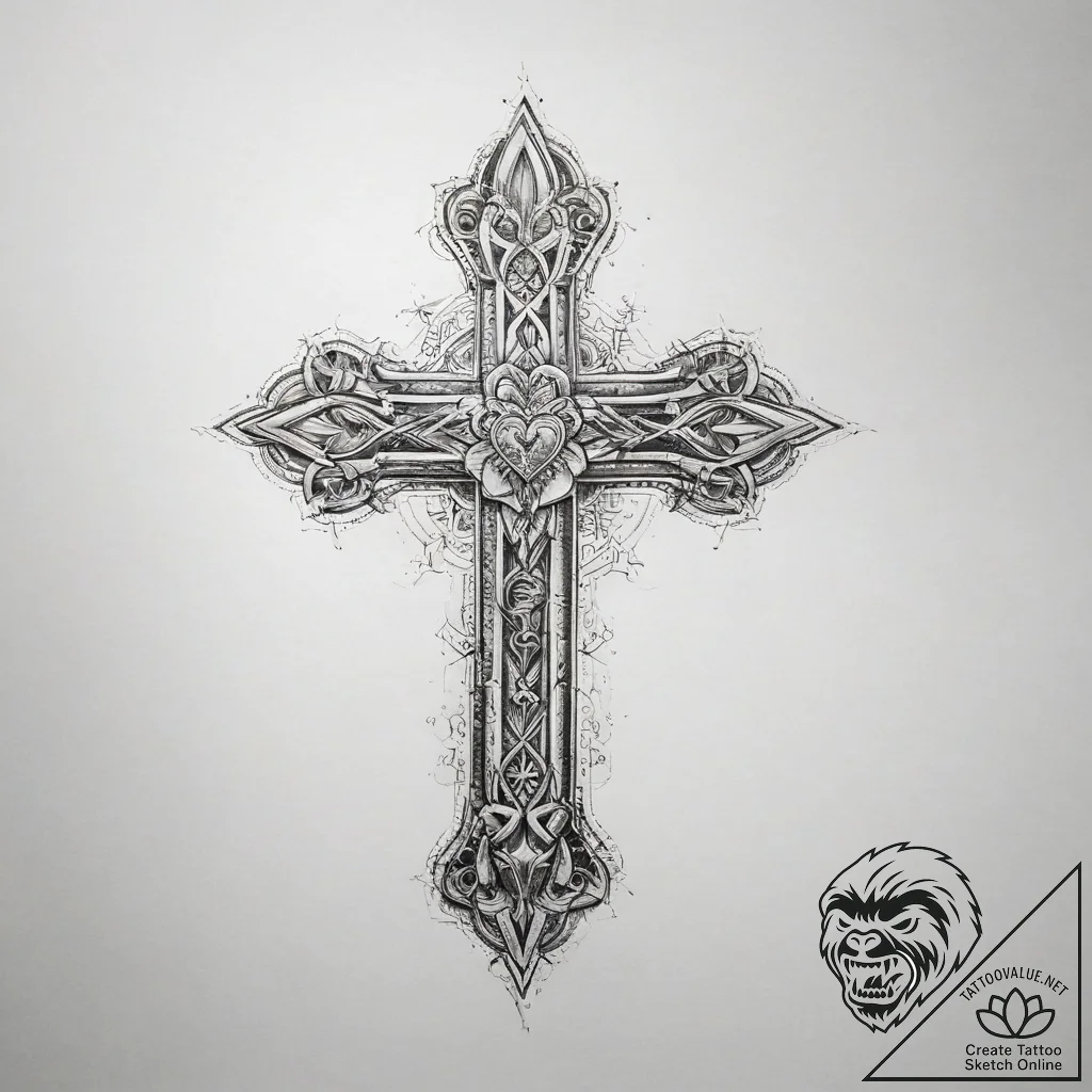 Tattoo sketch cross with a heart - tattoo sketch (№1757511411_0, 10.09.2025 13:36) — tattoovalue.net