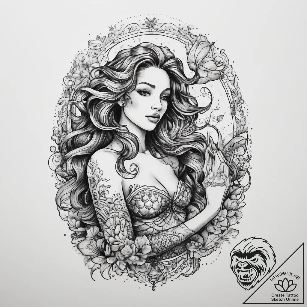 Tattoo sketch mermaid singing, tattoo flash s... - tattoo sketch (№1757517132_0, 10.09.2025 15:12) — tattoovalue.net