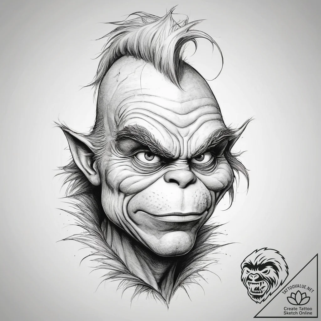 Tattoo sketch the grinch with a skin, tattoo... - tattoo sketch (№1757519702_0, 10.09.2025 15:55) — tattoovalue.net
