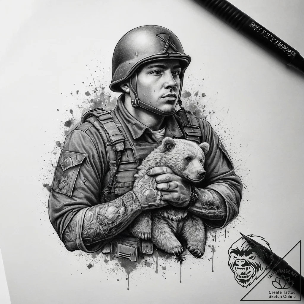 Tattoo sketch soldier with a bear, tattoo lin... - tattoo sketch (№1757519907_0, 10.09.2025 15:58) — tattoovalue.net