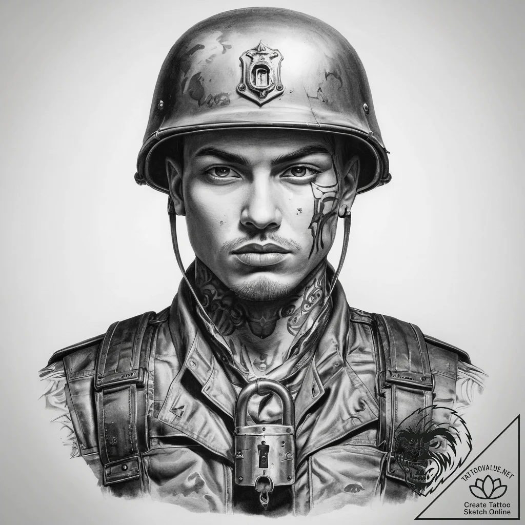 Tattoo sketch soldier with a lock - tattoo sketch (№1757520107_0, 10.09.2025 16:01) — tattoovalue.net