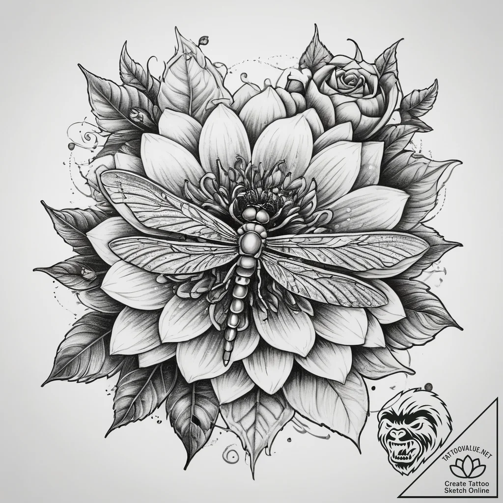 Tattoo sketch chrysanthemum with a dragonfly,... - tattoo sketch (№1757523251_0, 10.09.2025 16:54) — tattoovalue.net