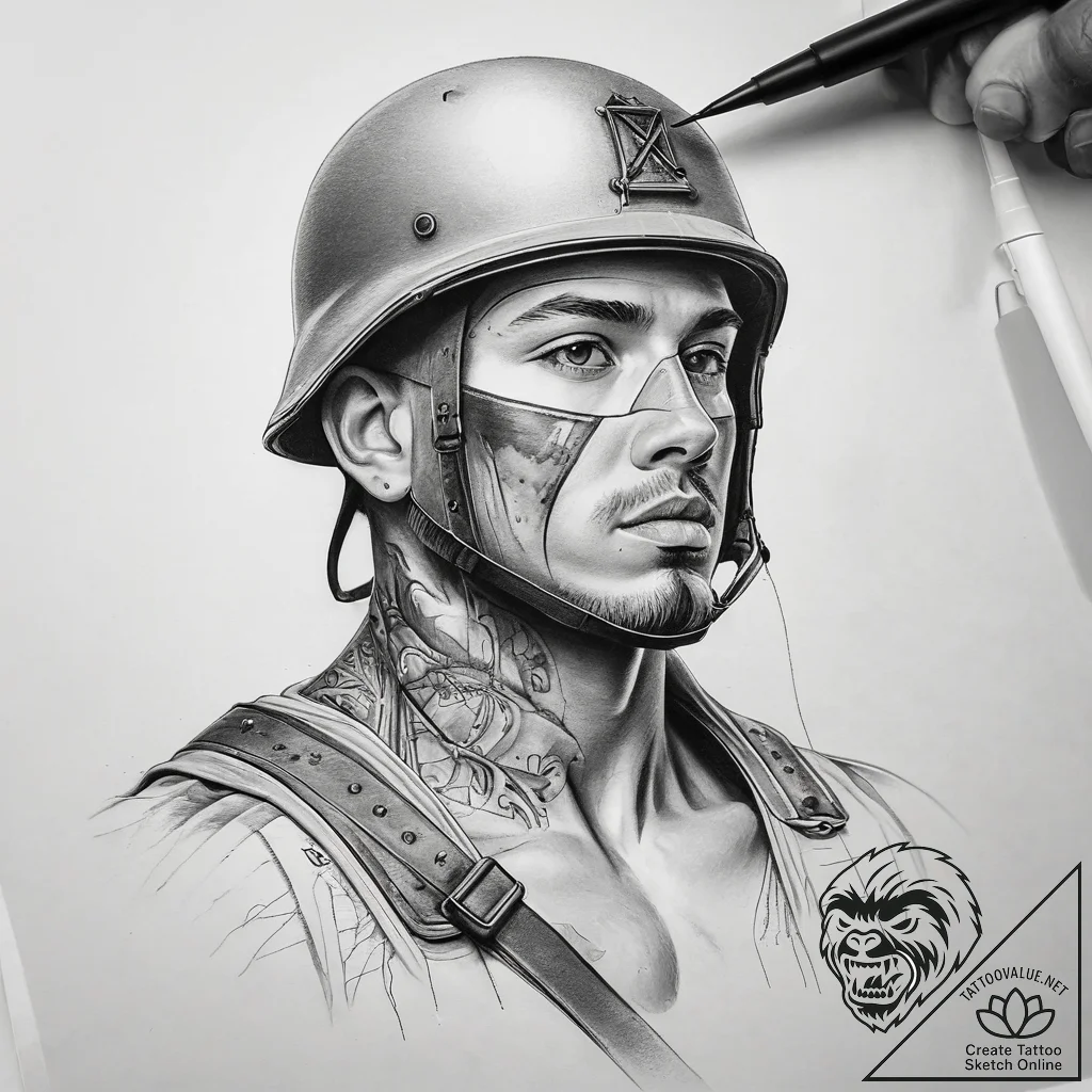 Tattoo sketch soldier with a brush, tattoo li... - tattoo sketch (№1757523447_0, 10.09.2025 16:57) — tattoovalue.net