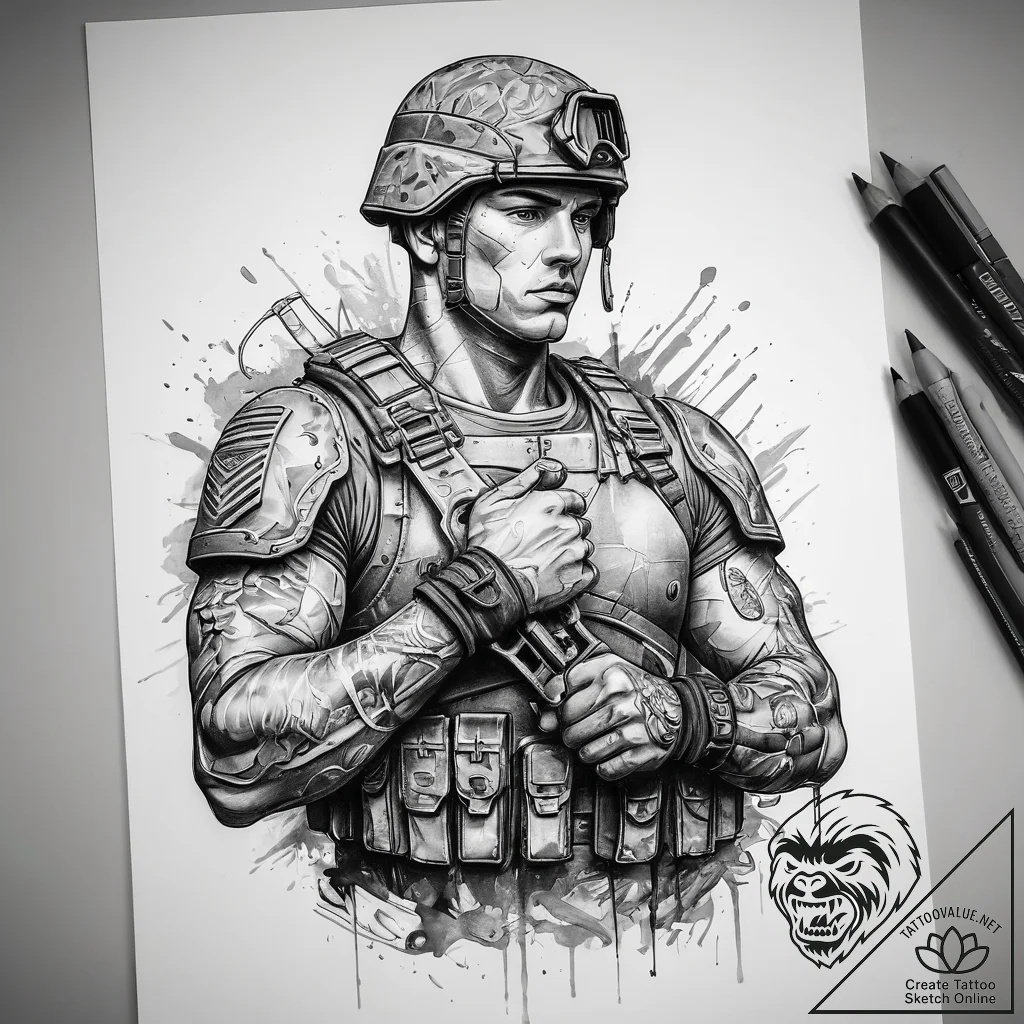 Tattoo sketch soldier with a key, ink illustr... - tattoo sketch (№1757531641_0, 10.09.2025 19:14) — tattoovalue.net