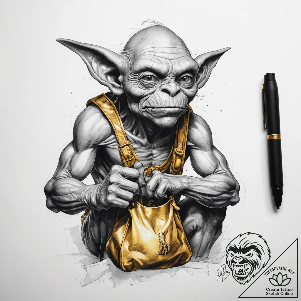 Tattoo sketch goblin with a bag of gold - tattoo sketch (№1757532813_0, 10.09.2025 19:33) — tattoovalue.net