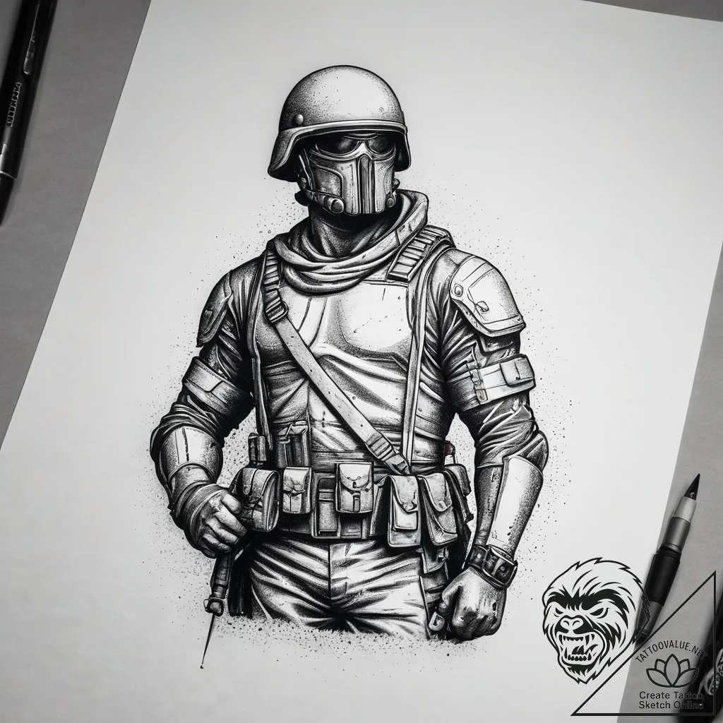Tattoo sketch soldier with a document, ink il... - tattoo sketch (№1757538634_0, 10.09.2025 21:10) — tattoovalue.net