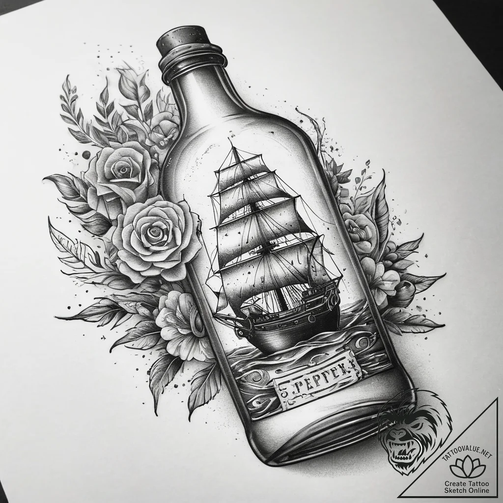 Tattoo sketch old bottle with a ship, concept... - tattoo sketch (№1757541164_0, 10.09.2025 21:52) — tattoovalue.net