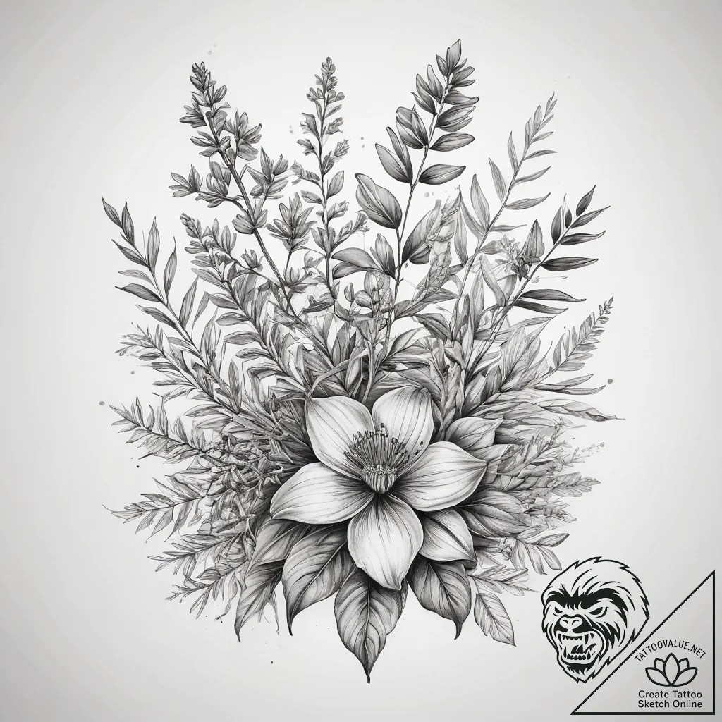 Herbs & botanicals, ink illustration for tatt... - tattoo sketch (№1757542138_0, 10.09.2025 22:08) — tattoovalue.net