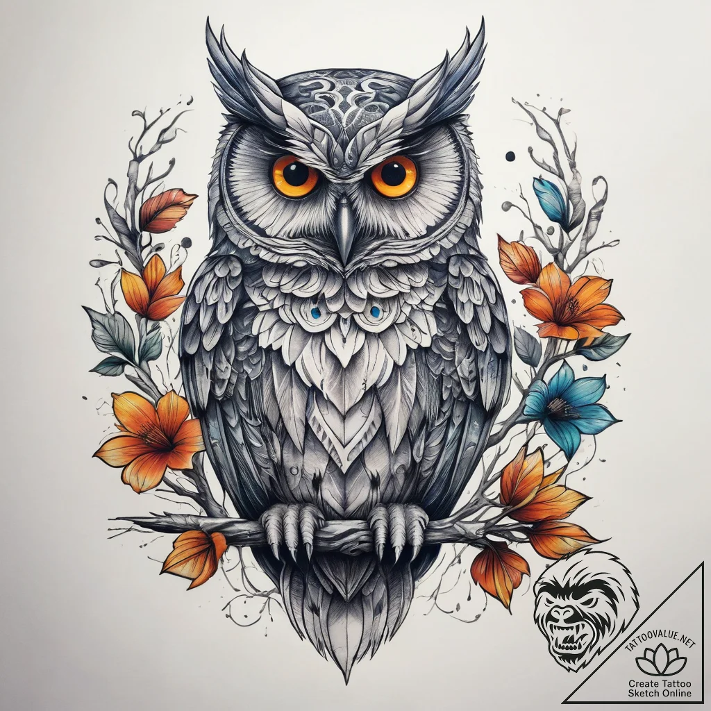 Tattoo sketch узор в виде совы на ветке, conc... - tattoo sketch (№1757542530_0, 10.09.2025 22:15) — tattoovalue.net