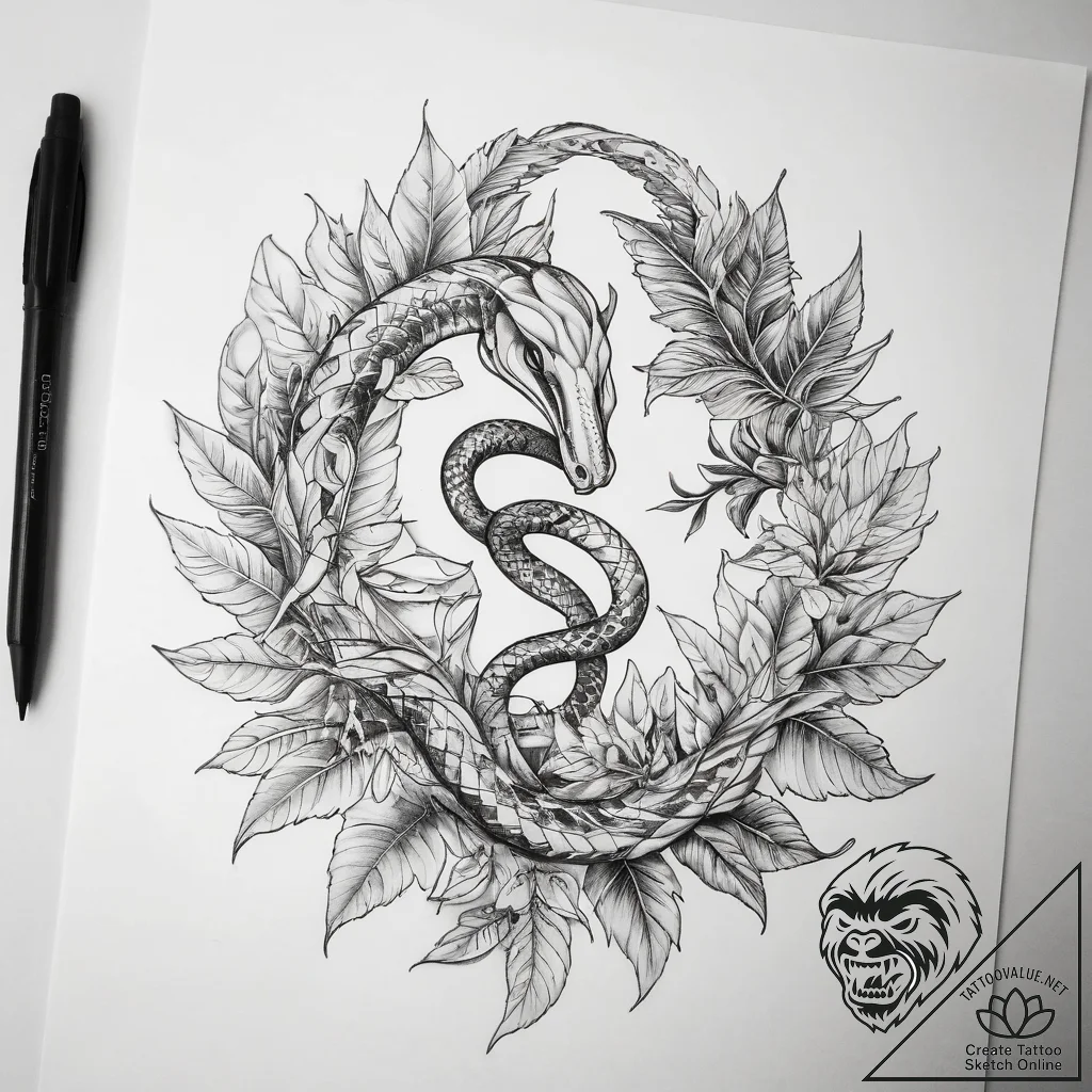 Tattoo sketch leaves with a snake - tattoo sketch (№1757550552_0, 11.09.2025 00:29) — tattoovalue.net