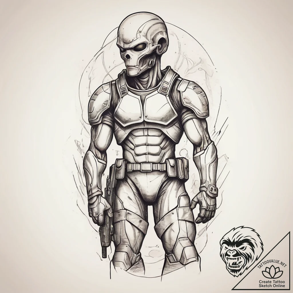 Tattoo sketch soldier with an alien, tattoo d... - tattoo sketch (№1757556205_0, 11.09.2025 02:03) — tattoovalue.net
