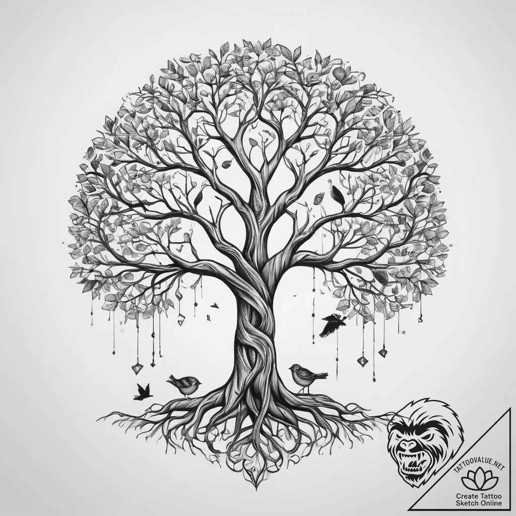 Tattoo sketch tree of life with a bird - tattoo sketch (№1757558350_0, 11.09.2025 02:39) — tattoovalue.net