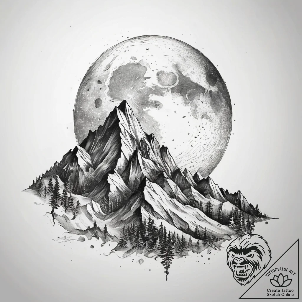 Tattoo sketch mountain with a moon, concept a... - tattoo sketch (№1757560880_0, 11.09.2025 03:21) — tattoovalue.net