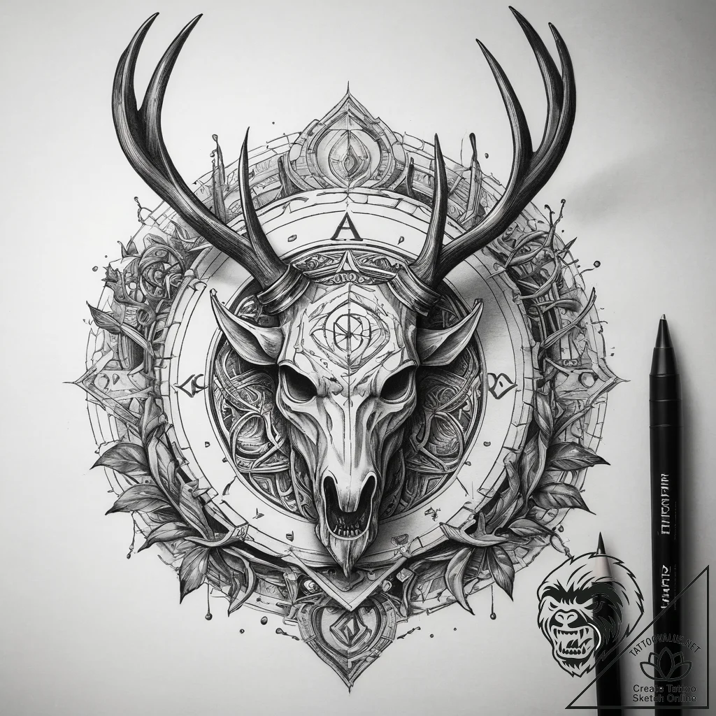 Tattoo sketch algiz rune with antlers and a p... - tattoo sketch (№1757562832_0, 11.09.2025 03:53) — tattoovalue.net