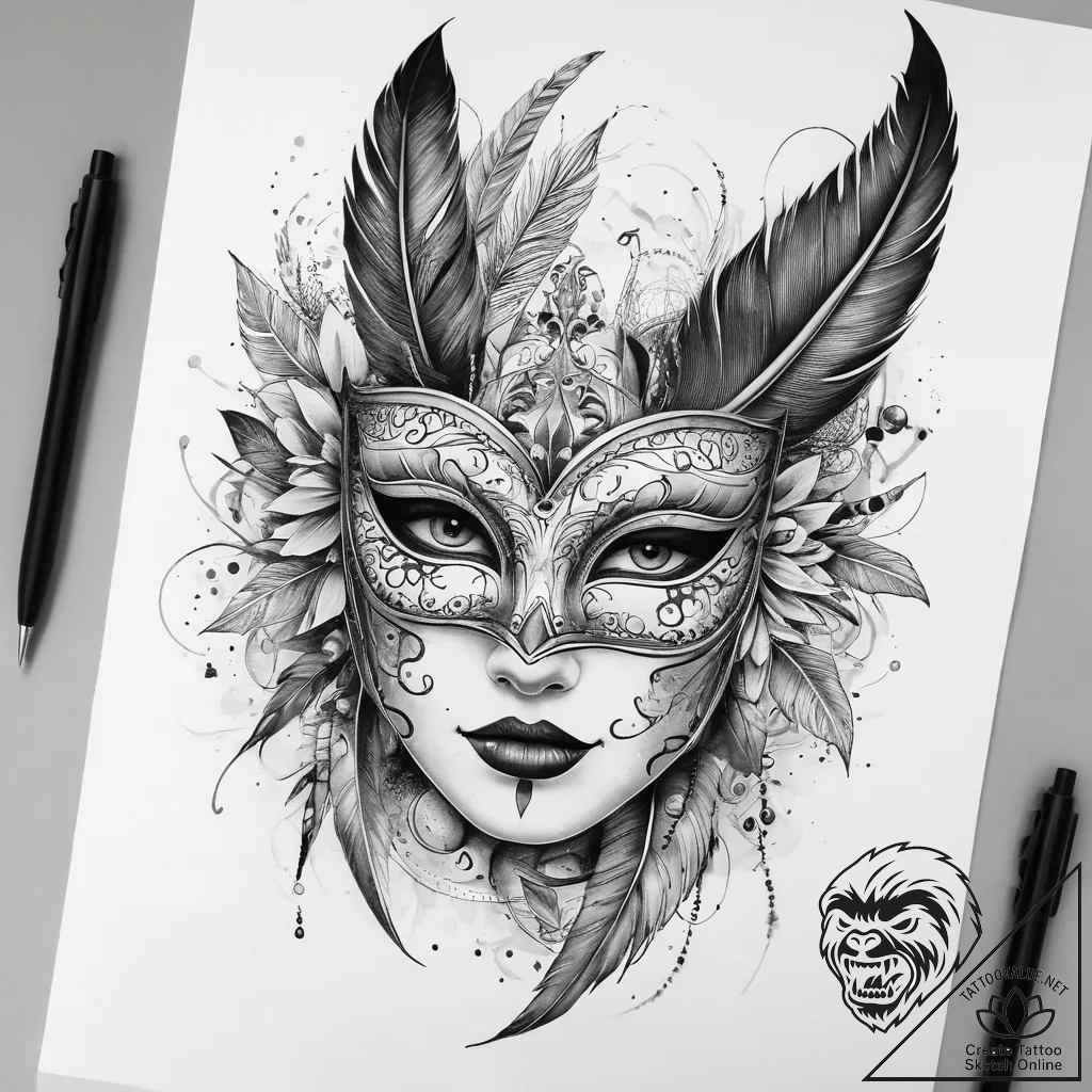 Tattoo sketch masquerade mask with feathers,... - tattoo sketch (№1757569646_0, 11.09.2025 05:47) — tattoovalue.net