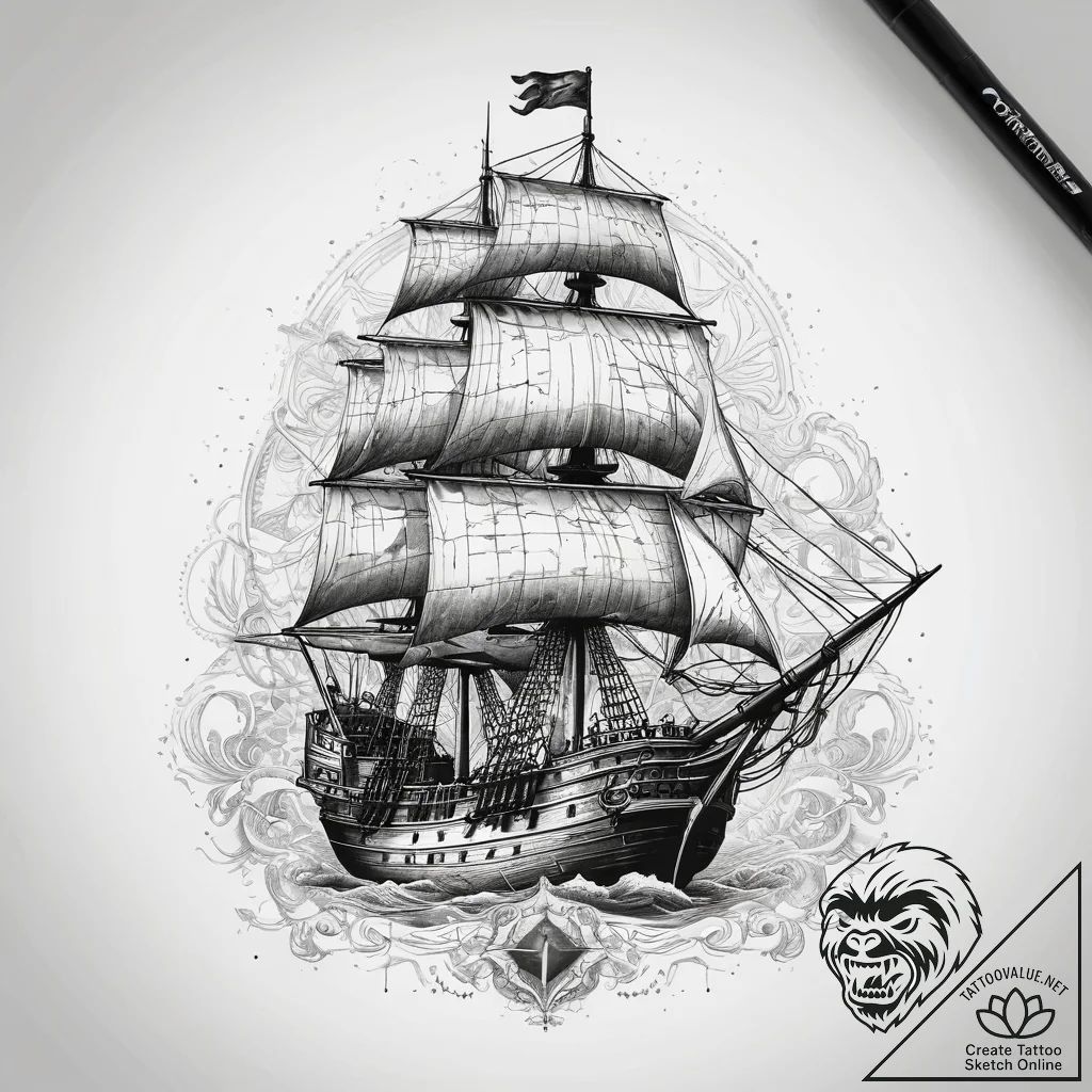 Tattoo sketch vasco da gama with a ship, ink... - tattoo sketch (№1757578201_0, 11.09.2025 08:10) — tattoovalue.net
