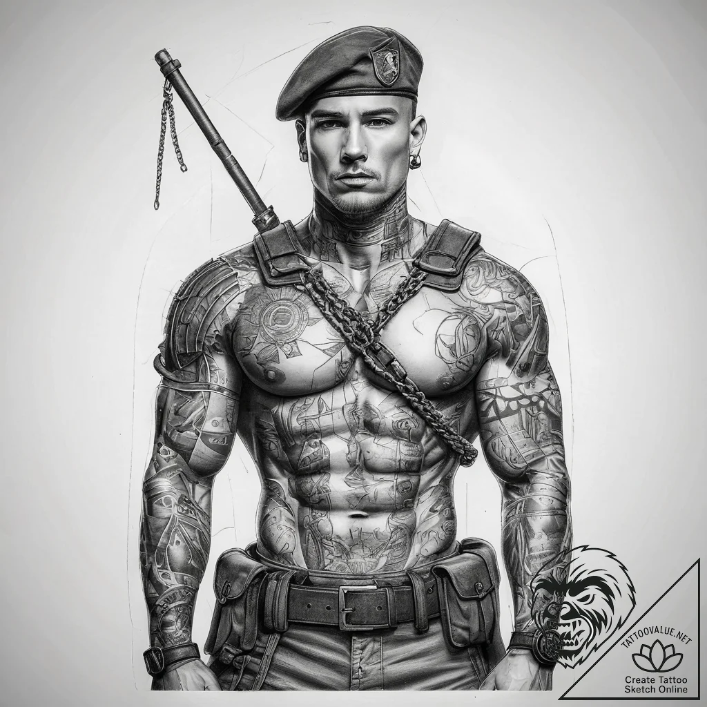 Tattoo sketch soldier with a chain, concept a... - tattoo sketch (№1757579366_0, 11.09.2025 08:29) — tattoovalue.net